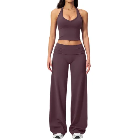 Women Halter Backless Yoga Set Fitness Activewear Moisture Wicking Top And Bottom Wide Leg Pants Sportswear