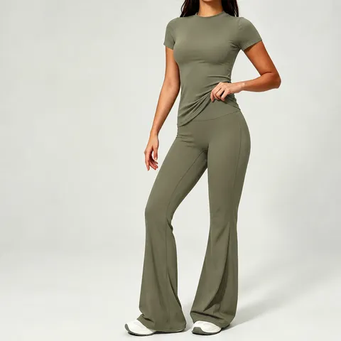 Women's Athletic Yoga Set Short Sleeve Top And High Waist Flared Pants Gym Activewear Workout Fitness Tracksuit