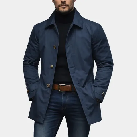 Men's Business Casual Trench Coat Solid Color Single Breasted Lapel Long Sleeve Polyester Jacket For Autumn Daily Outerwear