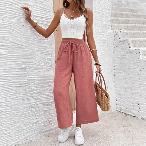 Women's Casual Solid Color Drawstring Loose Straight Pants Comfortable Long Trousers