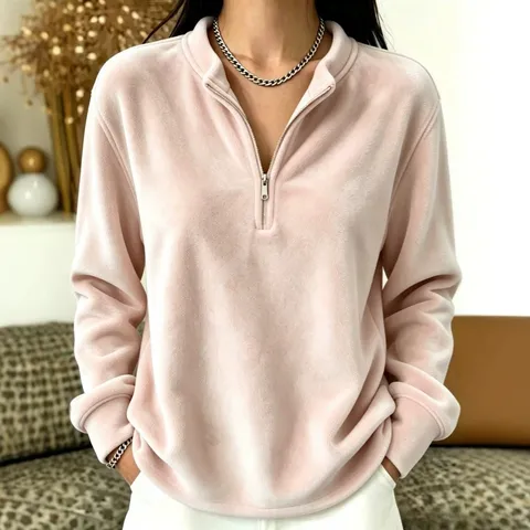 Women Half Turtleneck Zipper Fleece Sweatshirt Long Sleeve Solid Color Warm Loose Top Soft Casual Autumn Winter Sweatshirt