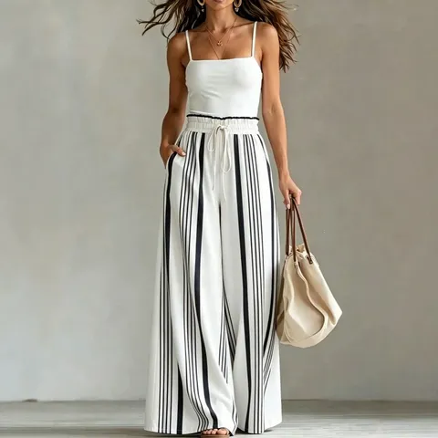 Women Summer Casual Striped Straight Leg Drawstring Wide Leg Pants High Waist Loose Casual Long Trousers