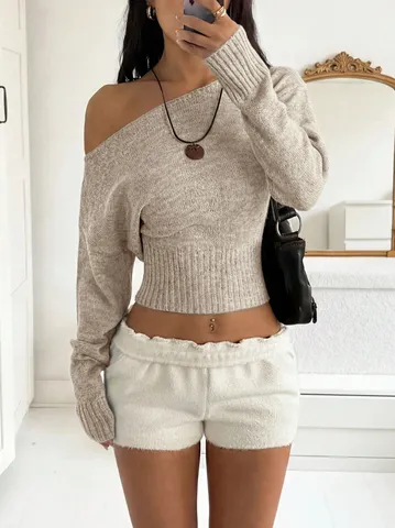 Women Off Shoulder Long Sleeve Knit Sweater Slim Fit Solid Color Casual Crop Top Autumn Winter Pullover