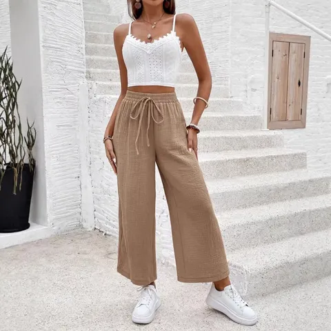 Women's Casual Solid Color Drawstring Loose Straight Pants Comfortable Long Trousers