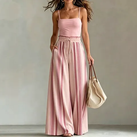 Women Summer Casual Striped Straight Leg Drawstring Wide Leg Pants High Waist Loose Casual Long Trousers