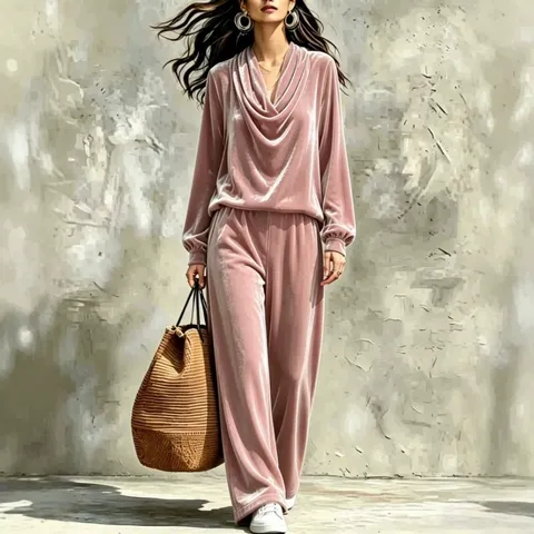 Women Fashion Velvet Loungewear Set Casual Cowl Neck Long Sleeve Top And Straight Leg Pants Autumn Winter Solid Color Tracksuit Women Clothing