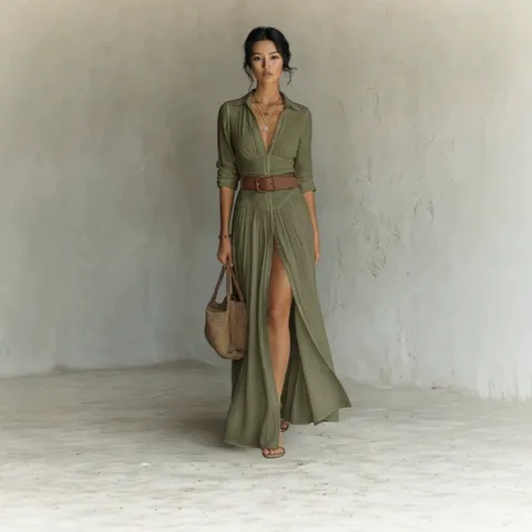 Women Long Sleeve Lapel Shirt Dress Elegant High Waist Pleated Maxi Dress With Belt Casual Commuter Long Dress
