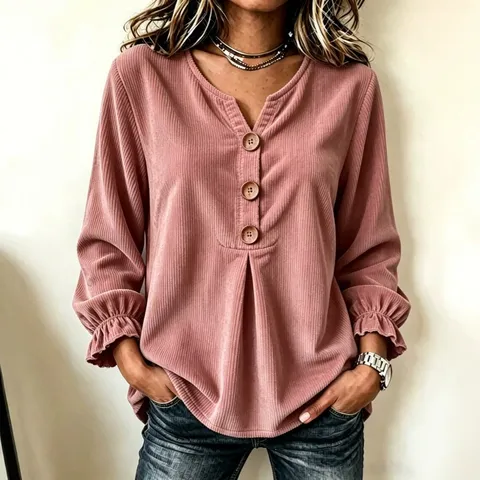 Women's Casual Corduroy Long Sleeve V-Neck Blouse Solid Color Button Decor Commute Shirt Top