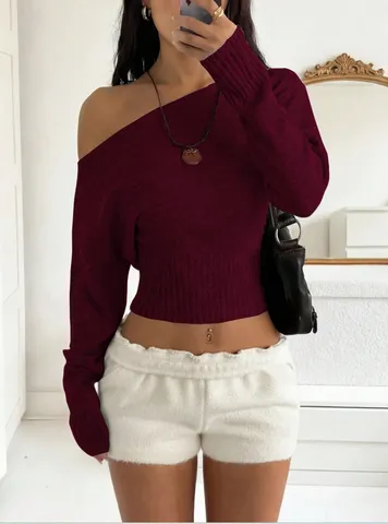 Women Off Shoulder Long Sleeve Knit Sweater Slim Fit Solid Color Casual Crop Top Autumn Winter Pullover