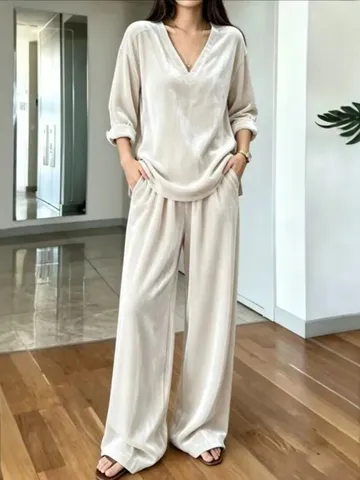 Women's Casual Velvet V-Neck Long Sleeve Top And Wide Leg Pants Two-Piece Set Solid Color Loose Fit Fashion Outfit