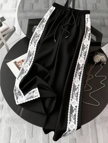 Damen High Waist Weite Hose Spitze Patchwork Seitenstreifen Casual Locker Fallend Sporthose Einfarbig Hose