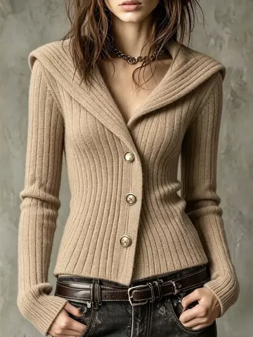 Women's Casual Slim Fit Ribbed Knit Cardigan Long Sleeve V-Neck Single Breasted Solid Color Autumn Sweater