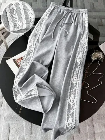 Damen High Waist Weite Hose Spitze Patchwork Seitenstreifen Casual Locker Fallend Sporthose Einfarbig Hose