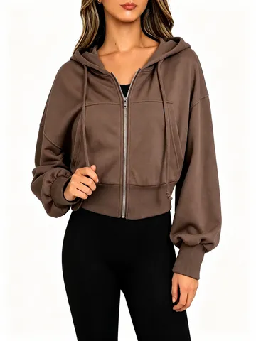 Women American Casual Hooded Zipper Sweatshirt Oversized Drop Shoulder Solid Color Loose Fit Polyester Hoodie Cardigan For Autumn Daily Wear