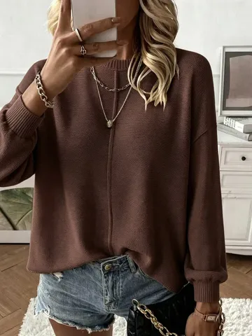 Women Loose Round Neck Knit Sweater Lantern Sleeve Solid Color Pullover Casual Fashion Textured Soft Knitwear Top