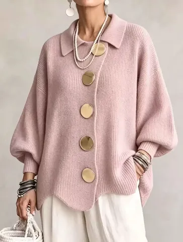 Women's French Style Loose Cardigan Jacket Lantern Sleeve Solid Color Lapel Outerwear With Metal Buttons Elegant Long Sleeve Top
