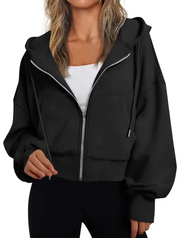 Women American Casual Hooded Zipper Sweatshirt Oversized Drop Shoulder Solid Color Loose Fit Polyester Hoodie Cardigan For Autumn Daily Wear