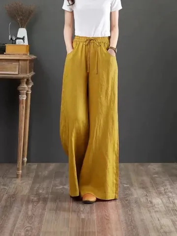 Women High Waist Wide Leg Pants Elastic Drawstring Waist Loose Fit Solid Color Polyester Flowy Long Casual Trousers With Pockets