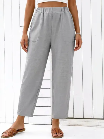 Women High Waisted Wide Leg Pants Casual Straight Elastic Waist Trousers With Pockets Loose Flowy Solid Color Polyester Bottom For Daily