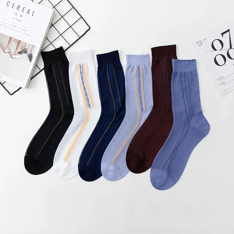 Men's Thin Nylon Silk Socks Mid-Calf Jacquard Striped Dress Socks For Middle-Aged And Elderly Comfortable Breathable Socks