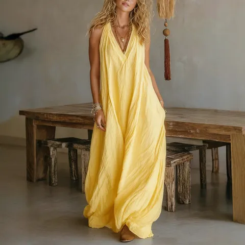 Vestido Largo Maxi para Mujer Casual Sin Mangas Cuello en V Profundo Suelto con Bolsillos Boho Verano Vacaciones