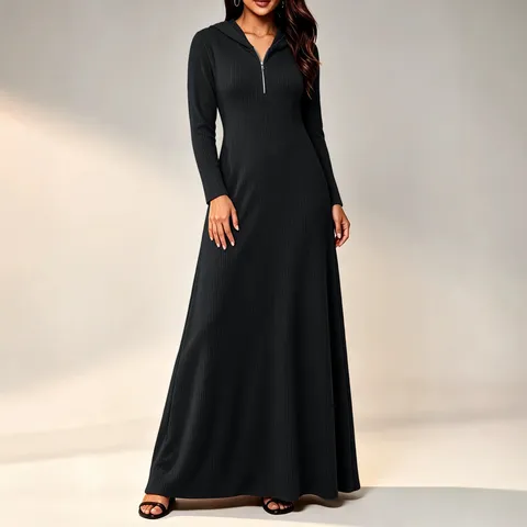 Vestido Maxi Casual con Capucha para Mujer Manga Larga Punto de Canalé Color Sólido Slim Fit Jersey Vestido Largo