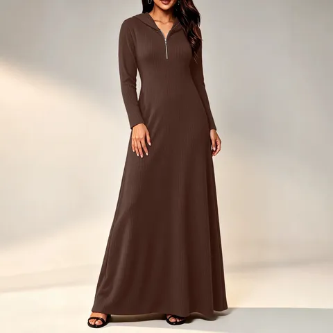 Vestido Maxi Casual con Capucha para Mujer Manga Larga Punto de Canalé Color Sólido Slim Fit Jersey Vestido Largo