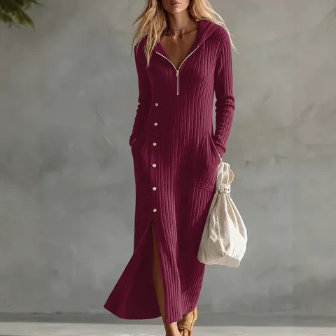 Vestido Maxi de Punto Casual para Mujer con Capucha Manga Larga Color Sólido Vestido de Punto con Cremallera Bolsillos y Detalles de Botones