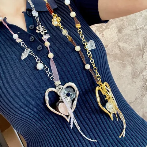 Y2K Handmade Ribbon Beaded Hollow Heart Pendant Necklace Long Sweater Chain For Women Fashion Jewelry
