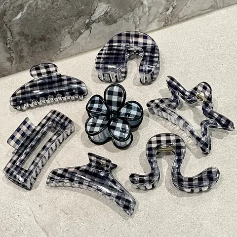 Large Black And White Plaid Hair Claw Clip Acrylic Geometric Floral Hair Catch Slouchy Hair Styling Accessories For Women