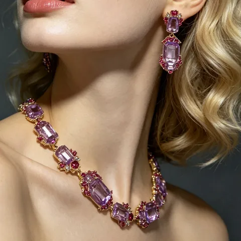 Vintage Court Style Amethyst Crystal Necklace Earrings Set Gold Plated Rhinestone Clavicle Chain Fashion Jewelry Gift