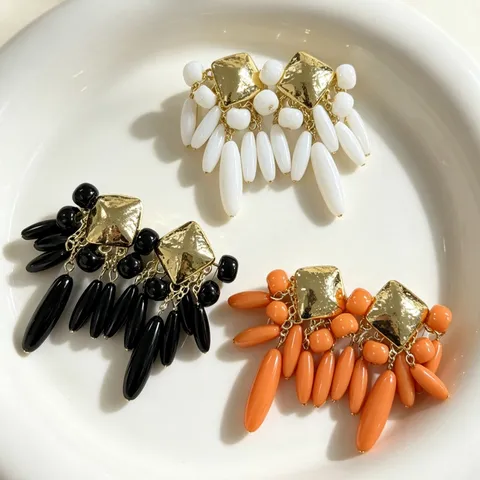 Vintage Teardrop Tassel Earrings Handmade Wedding Party Beach Vacation Square Stud Earrings With 925 Silver Post