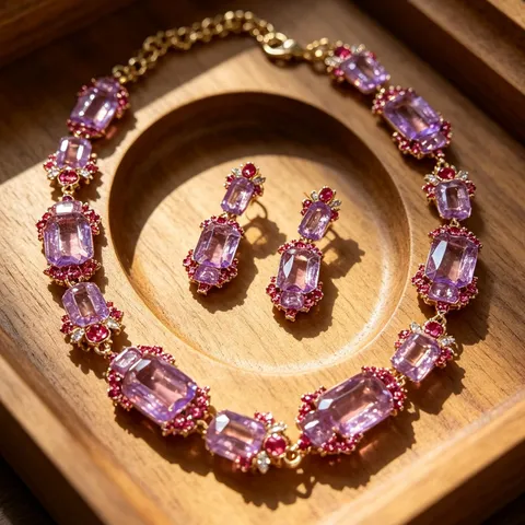 Vintage Court Style Amethyst Crystal Necklace Earrings Set Gold Plated Rhinestone Clavicle Chain Fashion Jewelry Gift