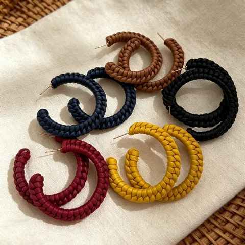 Exaggerated Large C Hoop Earrings Retro Hand Woven Leather Texture Earrings With 925 Sterling Silver Post Fashion Jewelry