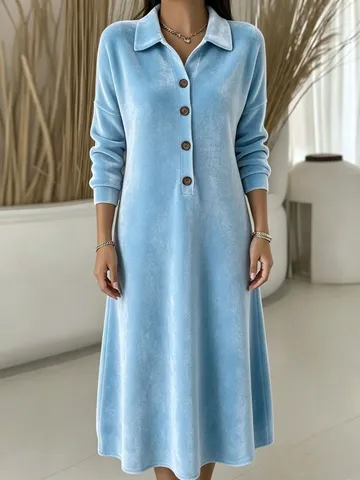 Dames Casual Fluwelen Textuur Lange Mouw Jurk Knoop Revers Losse Effen Kleur Maxi Jurk Voor Herfst Winter Mode Kleding