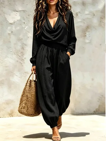Dames Casual Watervalhals Lange Mouw Top En Lantaarnbroek Tweedelige Set Herfst Effen Kleur Mode Co-ord Pak