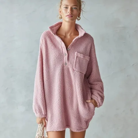 Dames Sherpa Fleece Jurk Opstaande Kraag Half Geknoopt Lange Mouw Los Warm Verdikte Mini Jurk Effen Kleur Casual Mode