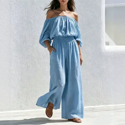 Dames Off-Shoulder Polyester Jumpsuit Losse Gesmokte Taille Wijde Pijpen Top En Bottom Set Effen Kleur Lange Mouw Elegant Streetwear