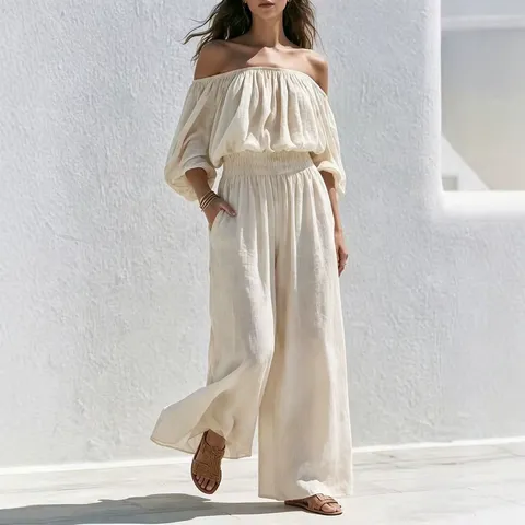 Dames Off-Shoulder Polyester Jumpsuit Losse Gesmokte Taille Wijde Pijpen Top En Bottom Set Effen Kleur Lange Mouw Elegant Streetwear
