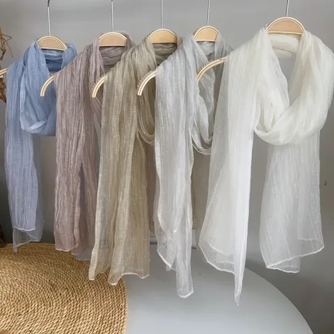 Ethnic Style Crinkled Scarf For Women Thin Breathable Sun Protection Beach Wrap Shawl Viscose Nylon Linen Fringed Scarf Travel Accessories