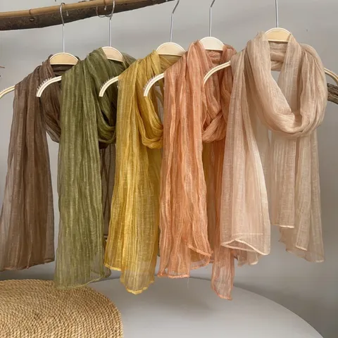 Ethnic Style Crinkled Scarf For Women Thin Breathable Sun Protection Beach Wrap Shawl Viscose Nylon Linen Fringed Scarf Travel Accessories