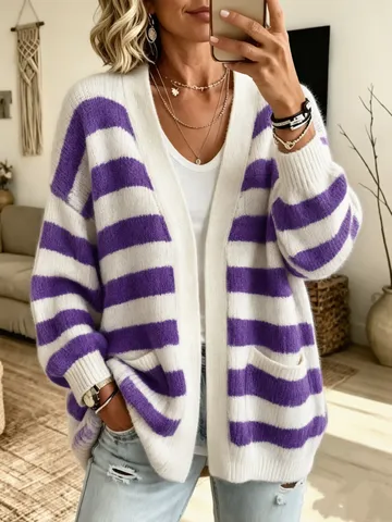 Women's Striped Knitted Cardigan Loose Casual V-Neck Open Front Sweater With Pockets Cotton Polyester Autumn Winter Fashion Top