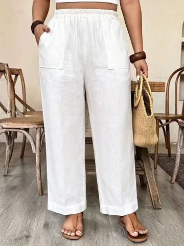 Pantaloni a Carota da Donna Taglie Forti Vita Elastica Comodi Casual in Poliestere Spandex a Gamba Conica Con Tasche