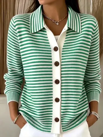 Cardigan da Donna Casual a Righe in Maglia Giacca Con Bottoni Colletto a Revers Manica Lunga Maglione in Misto Cotone