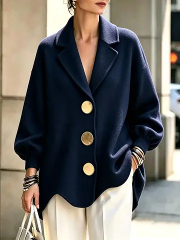 Women Fashion Polyester Commuting Top Solid Color Loose Fit Jacket With Large Metal Buttons Lantern Sleeve V-Neck Autumn Winter Outerwear