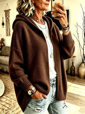 Women's Casual Hooded Knitted Cardigan Sweater Long Sleeve Open Front Buttonless Loose Fit Knit Jacket Outerwear For Autumn Winter
