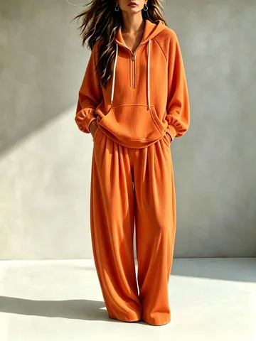 Dames Effen Kleur Half Zip Hoodie En Wijde Pijpen Broek Top And Bottom Set Mode Casual Losse Corduroy Textuur Set