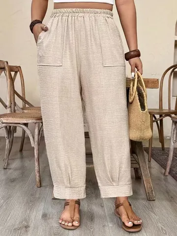 Pantaloni a Carota da Donna Taglie Forti Vita Elastica Comodi Casual in Poliestere Spandex a Gamba Conica Con Tasche