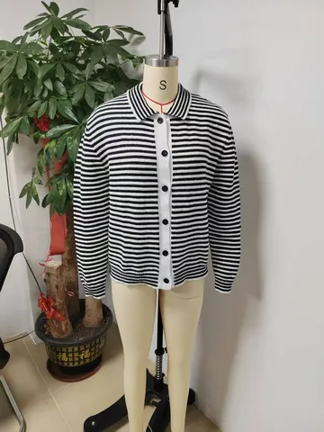 Cardigan da Donna Casual a Righe in Maglia Giacca Con Bottoni Colletto a Revers Manica Lunga Maglione in Misto Cotone