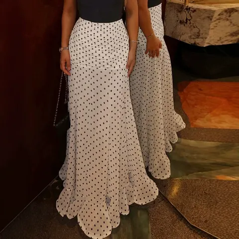 Women Vintage Polka Dot High Waist Mermaid Maxi Skirt Elegant Ruched Bodycon Fish Tail Long Skirt For Spring Summer Casual Wear
